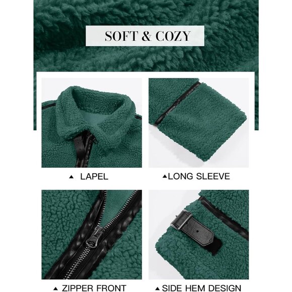 Women's Faux Fur Jacket Trendy Sherpa Moto Leather Patchwork Zip Up Army Green - Picture 6 of 6